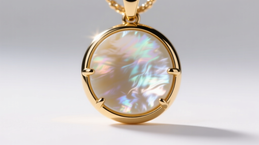 Macro shot of a bezel-set mother of pearl pendant, showing the precise 0.4mm gold wall thickness securing the fragile nacre edge.