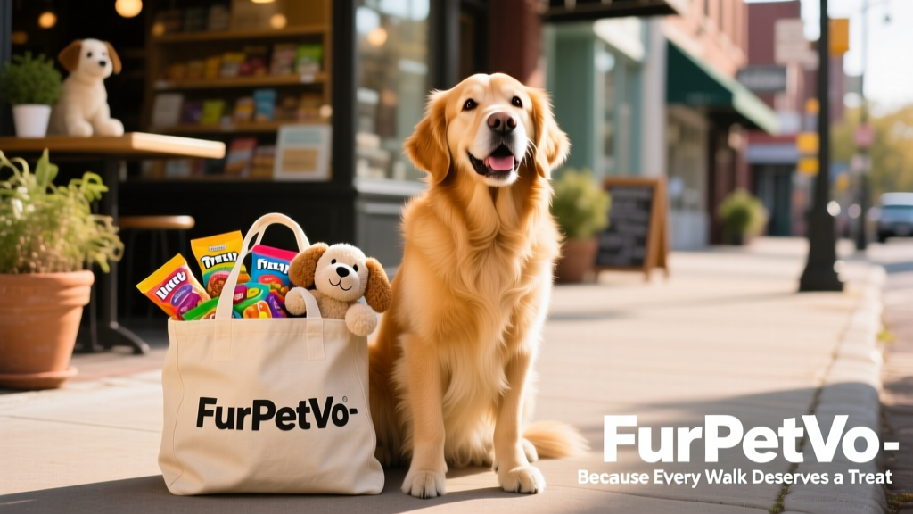 Golden Retriever sitting politely beside a FurPetVo-branded shopping tote filled with colorful dog treats and a plush toy, looking up with bright, happy eyes