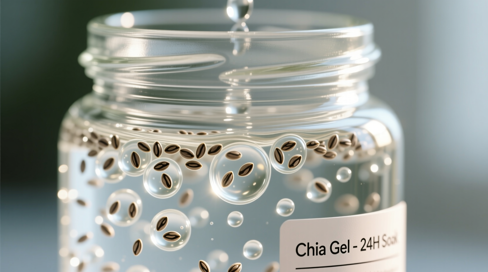 Chia seeds soaking in glass jar with perfect gel consistency