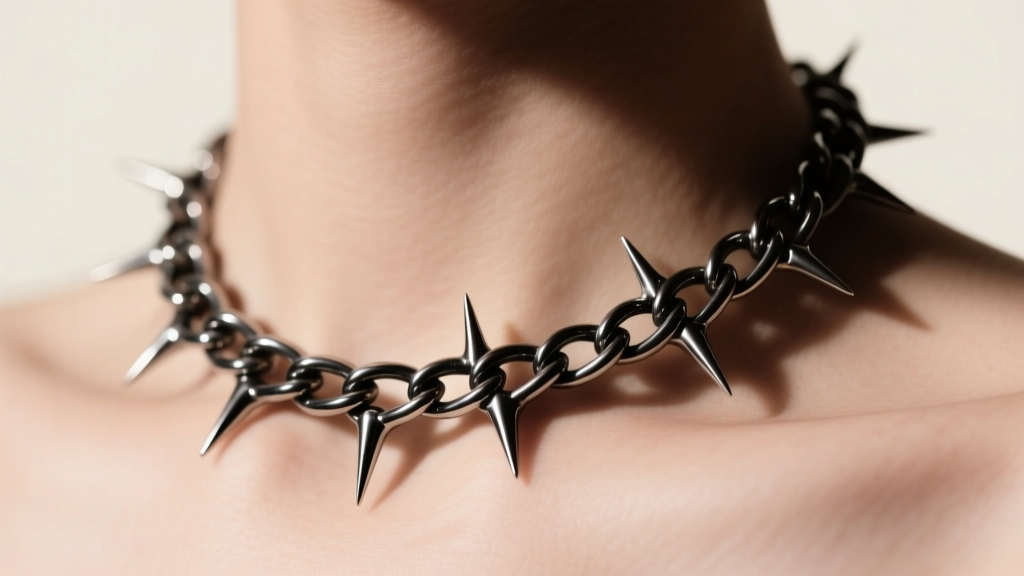 Macro shot of a dark rhodium thorn necklace showing soldered links and sharp points resting on a collarbone in warm natural light