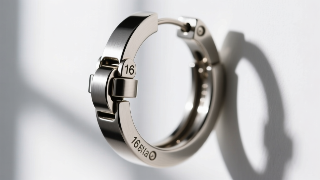Macro shot of a 16-gauge titanium hinged clasp on a large hoop, showing the interlocking snap mechanism and a brushed metal finish
