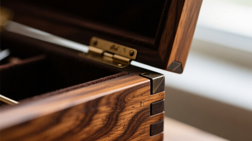 Close-up of hand-cut dovetail joints on an antique walnut jewelry box corner, showing tight wood grain and original dark patina