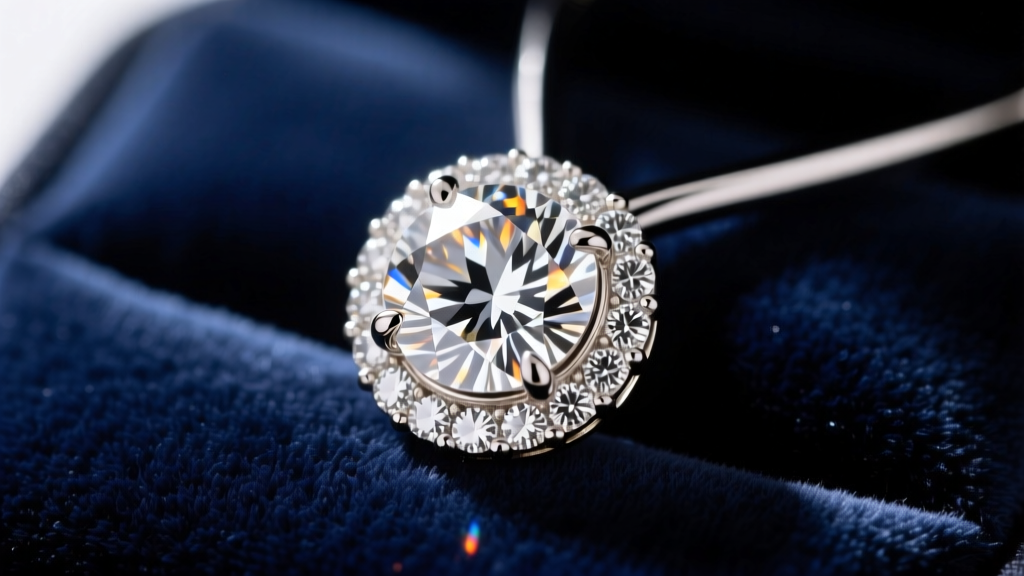 Close-up of a one-carat round diamond necklace halo pendant in white gold resting on dark velvet under soft, warm studio lighting