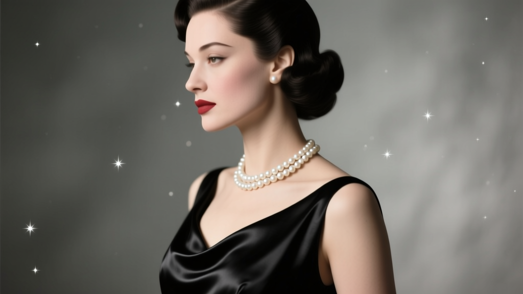 Woman wearing a 1950s pearl choker with a black silk gown, soft studio lighting, captured in a graceful side profile view.