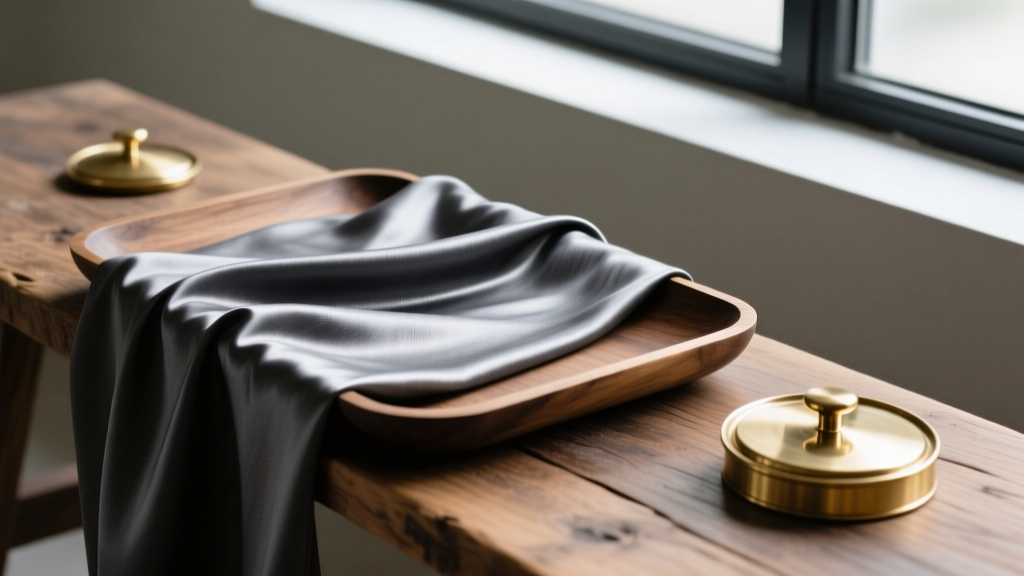 Close-up of dark grey Pacific Silvercloth fabric being stretched over a wooden tray, with solid brass lid supports resting nearby on the bench.