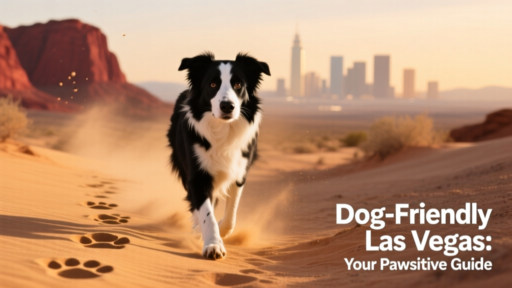 A black and white collie walking on a desert trail near Las Vegas