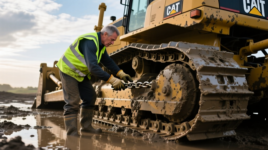 Operator in high-vis vest performing a walk-around inspection on a Caterpillar D6 dozer tracks and undercarriage at a muddy construction site