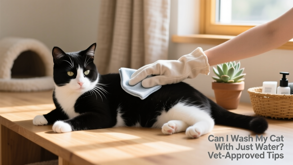 A relaxed cat being gently wiped with a damp microfiber cloth during a stress-free spot-cleaning session