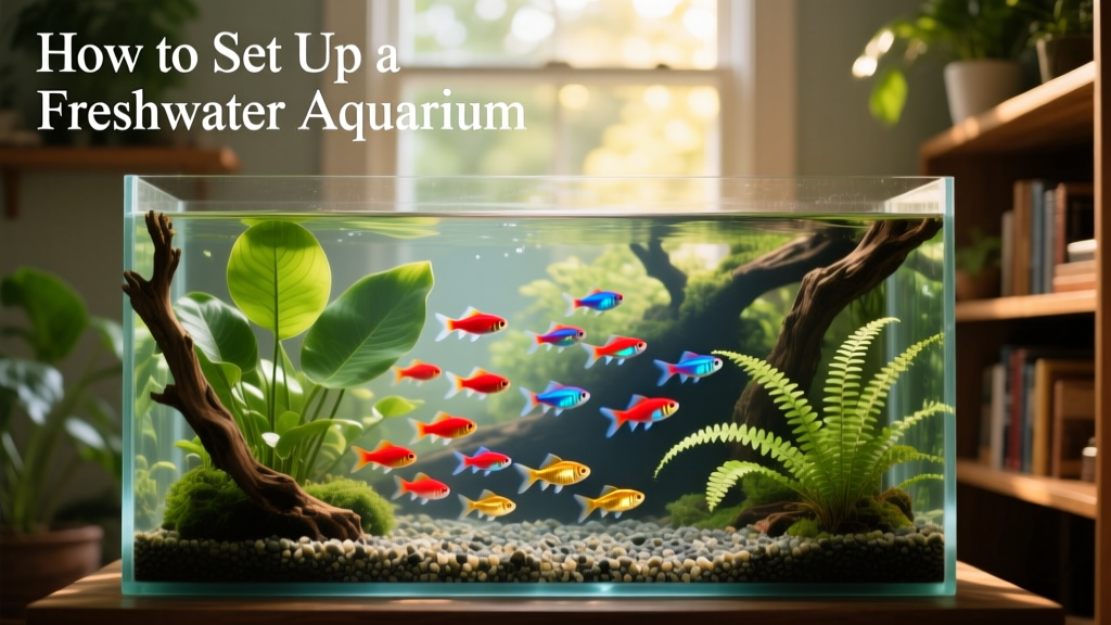 A serene, well-planted 30-gallon freshwater aquarium with colorful tetras swimming among driftwood and greenery