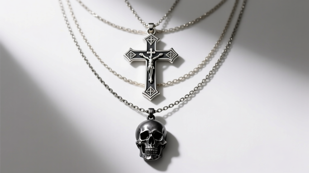A layered necklace stack featuring a 24-inch stainless steel papal cross and a 30-inch blackened silver memento mori skull pendant