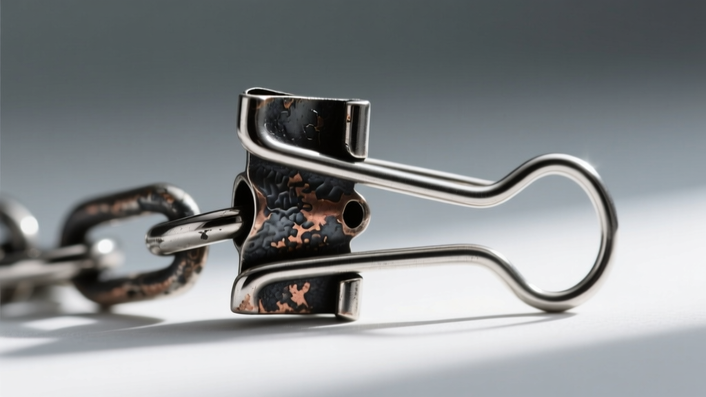 Macro photography of an oxidized 925 sterling silver paperclip chain clasp, highlighting the dark patina in the metal crevices
