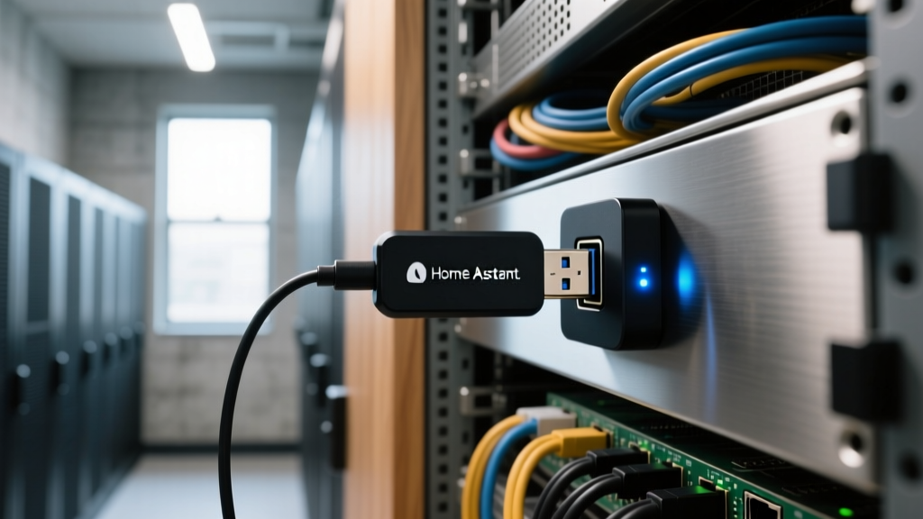 Home Assistant Connect ZBT-1 USB dongle plugged into a Raspberry Pi 5, managing local smart lock mesh networks in a Wellington server closet.
