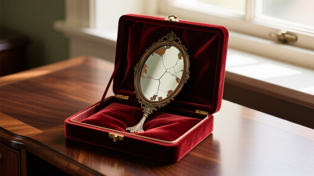 Open velvet jewelry box revealing a tarnished mirror on the inner lid, placed on a dark wooden desk in soft natural window light