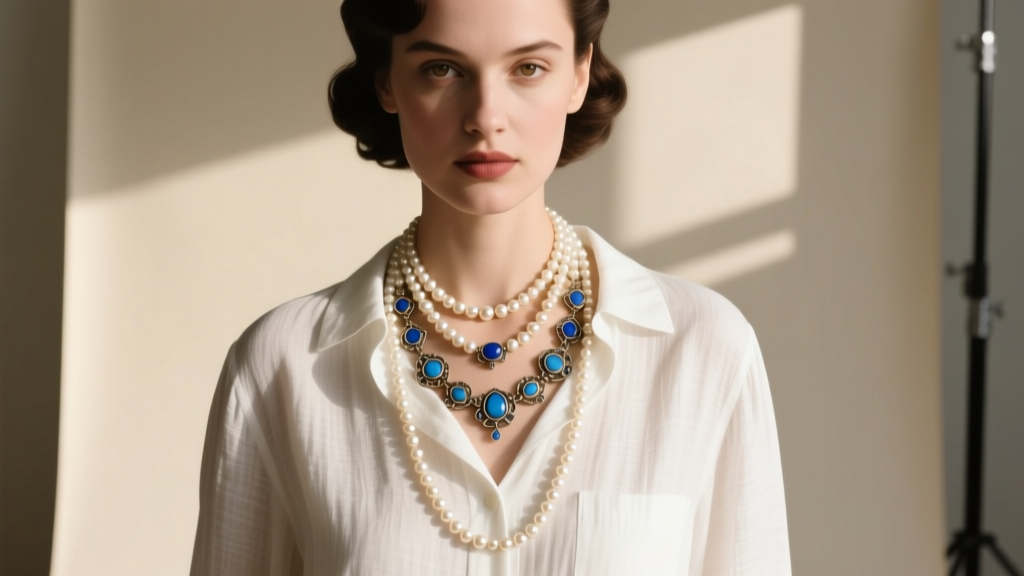 Model wearing a multi-strand vintage Erwin Pearl bib necklace with blue enamel accents over a crisp white linen button-down shirt