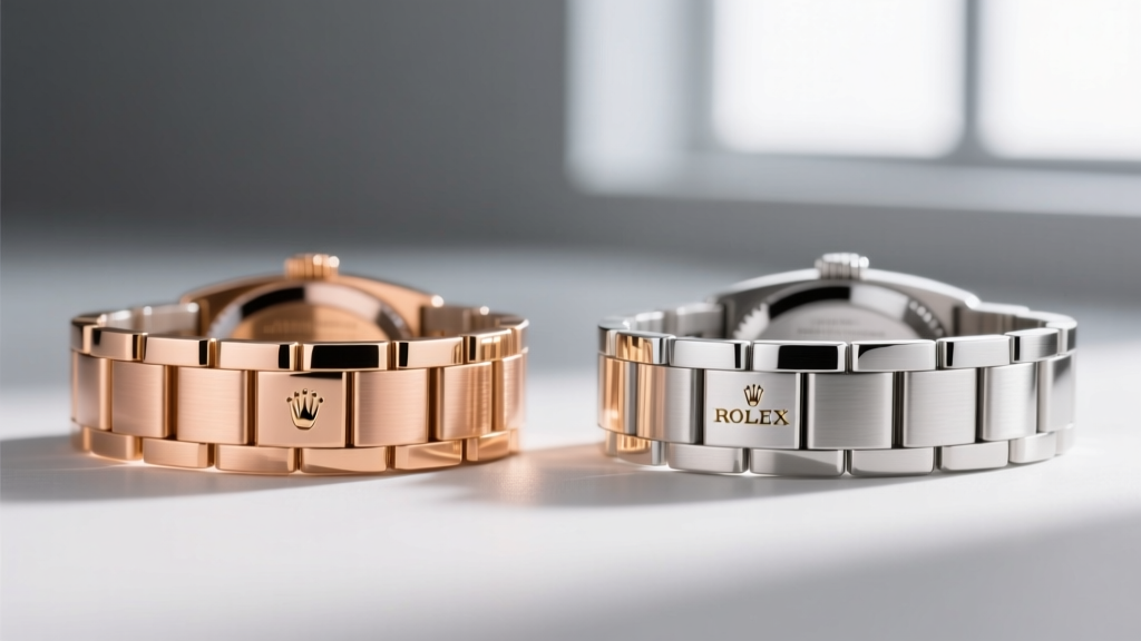 Side-by-side macro comparison of 18k Everose gold and 18k white gold Rolex Oyster links showing distinct surface luster and grain.