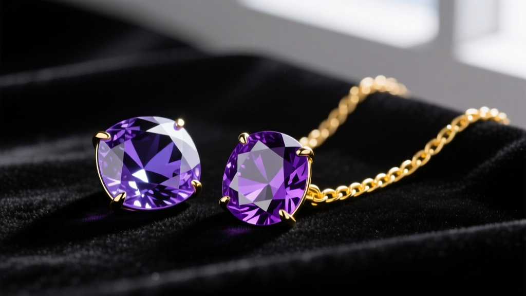 Flat lay of tanzanite and violet sapphire gemstones next to a 14k yellow gold chain on a dark velvet jeweler's display pad