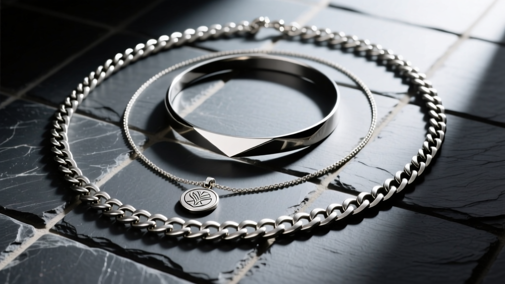 Flat lay of layered necklaces featuring a 32-inch oxidized silver opera chain, a 16-inch choker, and 20-inch pendant on dark slate tile