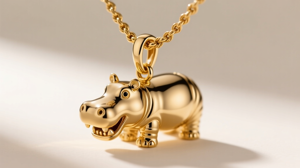 Close-up of a 1.5mm gold rope chain threading through a hippo pendant bail, highlighting a secure lobster clasp mechanism.