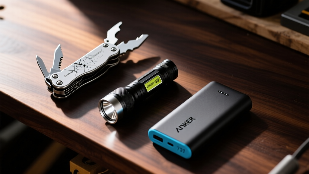 Flat lay of scratched Leatherman ARC multi-tool, Nitecore EDC27 flashlight, and Anker 737 power bank on a dark walnut workbench surface
