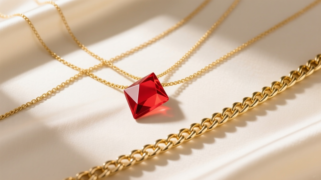 Flat-lay on cream silk of three gold chains, a thick rolo chain, and a bright red geometric acrylic pendant resting elegantly.