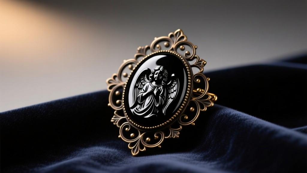 Close-up of a Victorian mourning brooch carved from black Whitby jet, resting on dark velvet under soft, warm directional lighting.