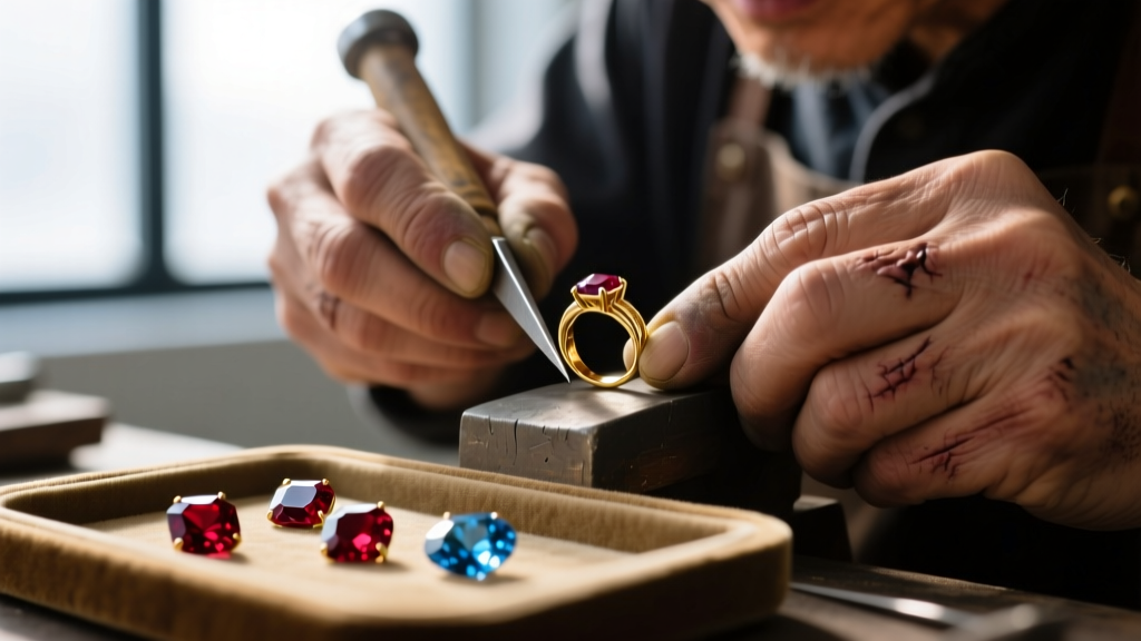 Macro shot of jeweler's hands using a micro-awl to tie a surgeon's knot on a nylon beading string for a gemstone drop earring.