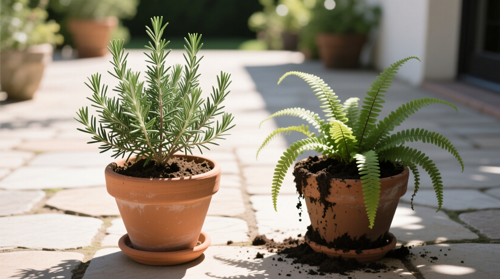 Summer patio showing drought-tolerant rosemary thriving in full sun container versus moisture-loving ferns requiring shaded placement for seasonal survival