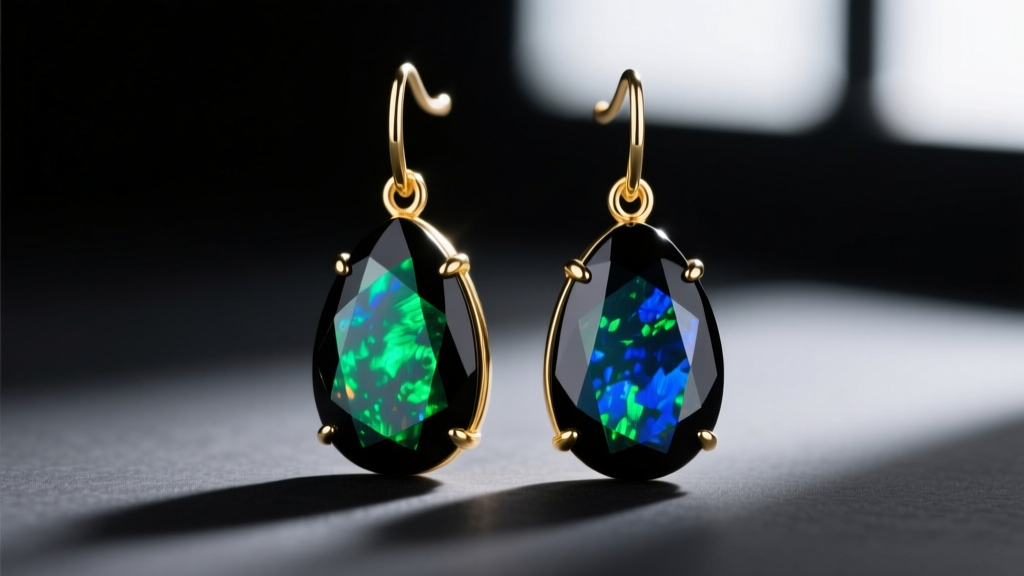 Close-up of black opal drop earrings in 18k gold showing vivid green and blue play-of-color on dark velvet