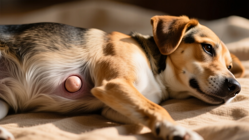 Close-up photo of a small, round, slightly raised lump under the skin near a dog’s belly button—representing a mild umbilical hernia