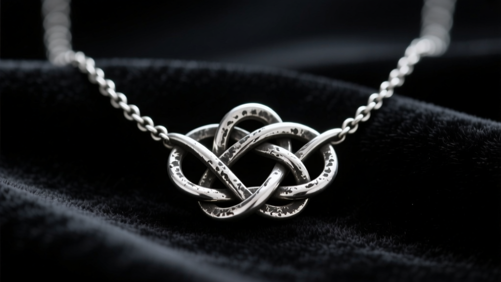 Macro shot of oxidized sterling silver witch knot necklace on dark velvet, highlighting interwoven loops in moody lighting