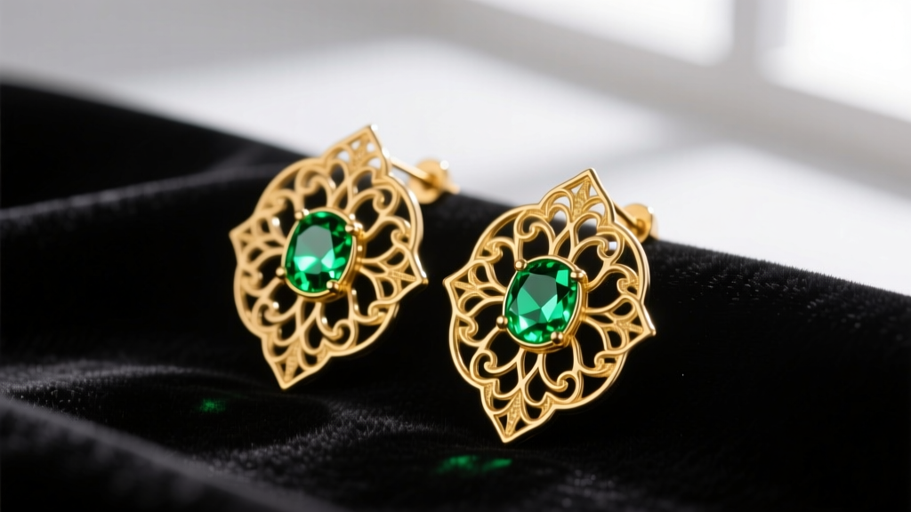 Gold anime Potara fusion earrings on black velvet, showing intricate filigree metalwork and glowing green center gemstones.
