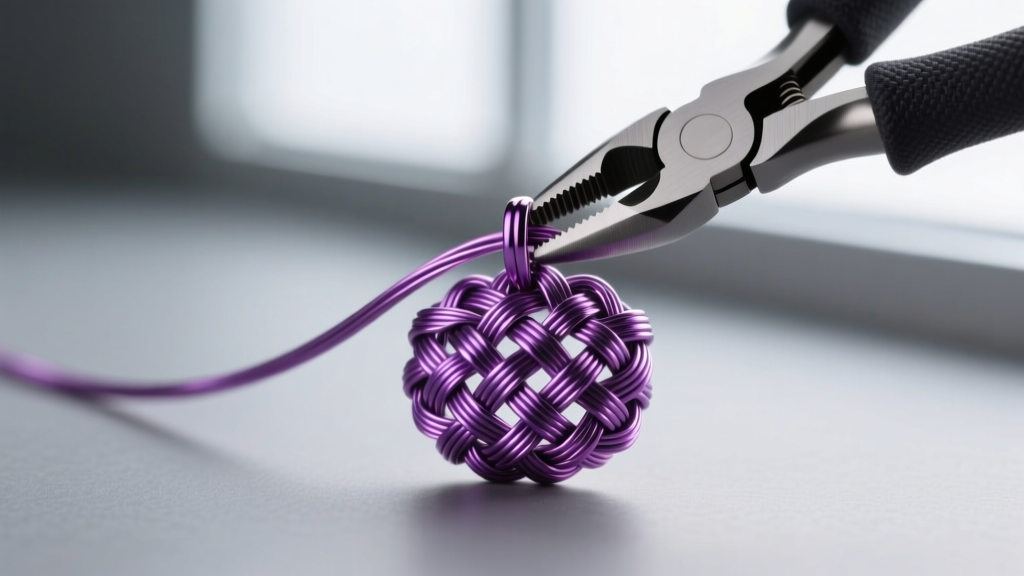 Close-up of 20-gauge anodized purple niobium wire being woven into a complex basket-weave pendant using nylon-jaw pliers on a mat
