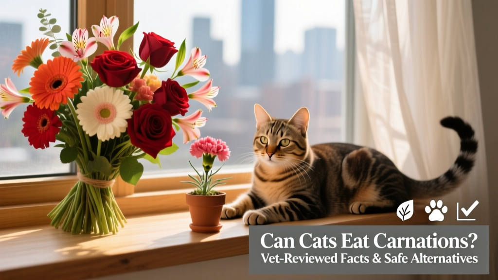 A cheerful arrangement of gerbera daisies, alstroemeria, and roses on a windowsill, with a relaxed cat resting nearby