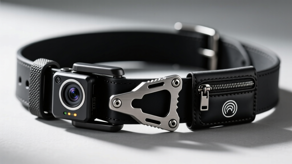 Close-up of a matte black tactical EDC belt featuring titanium pry tools, a thermal camera module, and RFID blocking pouches.