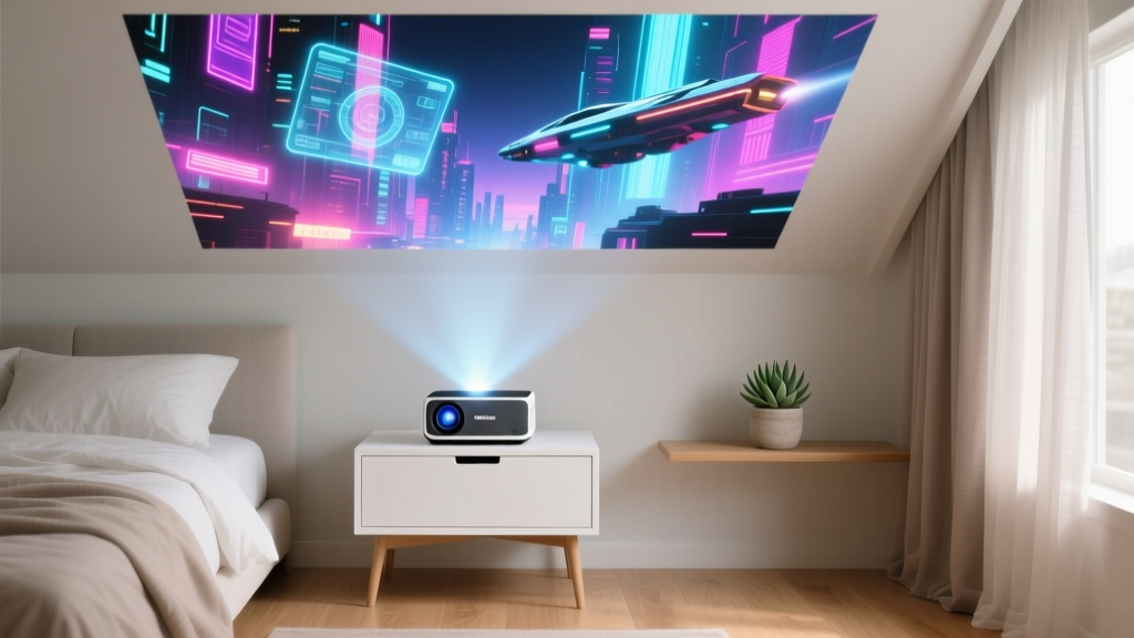 Magcubic HY300 Pro smart pico projector mounted on a bedside table projecting a crisp 720p sci-fi movie onto a white bedroom ceiling