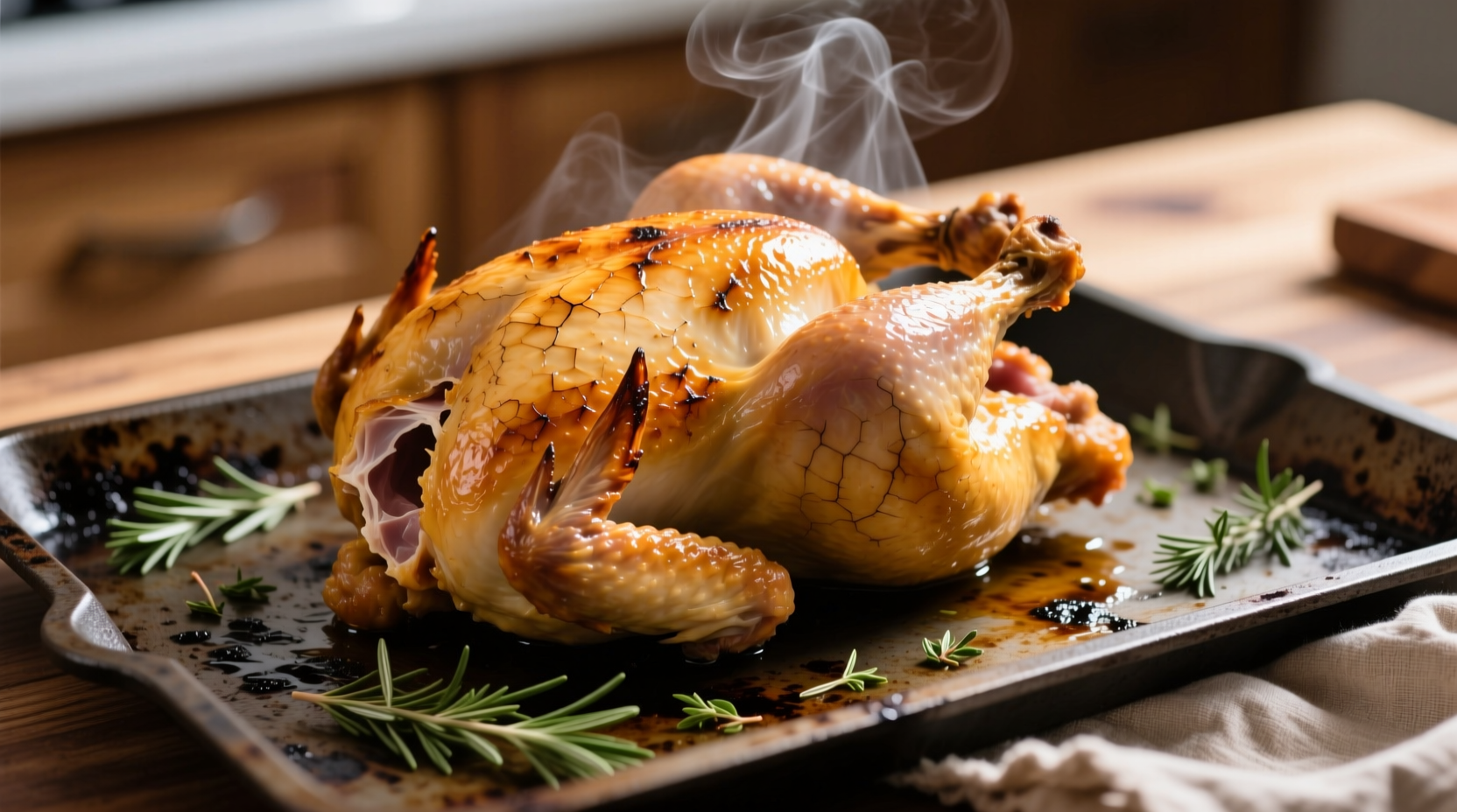 Perfectly roasted chicken with golden skin on baking sheet