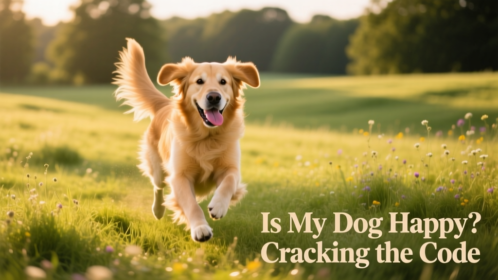 A happy dog running freely across a grassy field with ears flapping and tail high