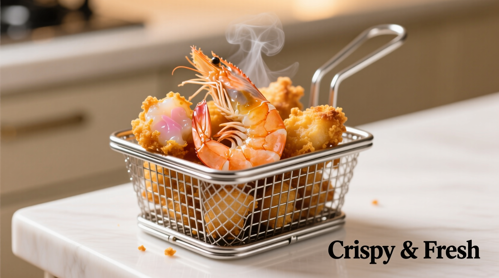 Perfectly cooked air fried shrimp in basket
