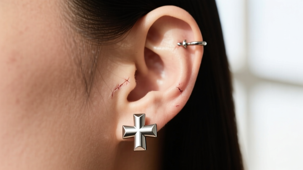 Side profile of a 16-gauge titanium cross earring clicker secured in a healed helix piercing against a soft neutral backdrop