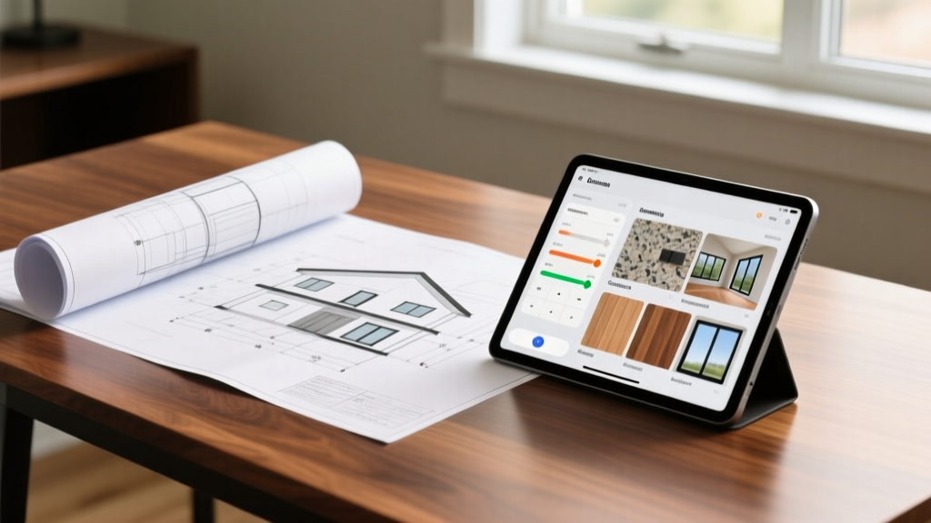 Architectural blueprints spread on a wooden desk next to a digital tablet displaying a new home construction cost calculator and material samples