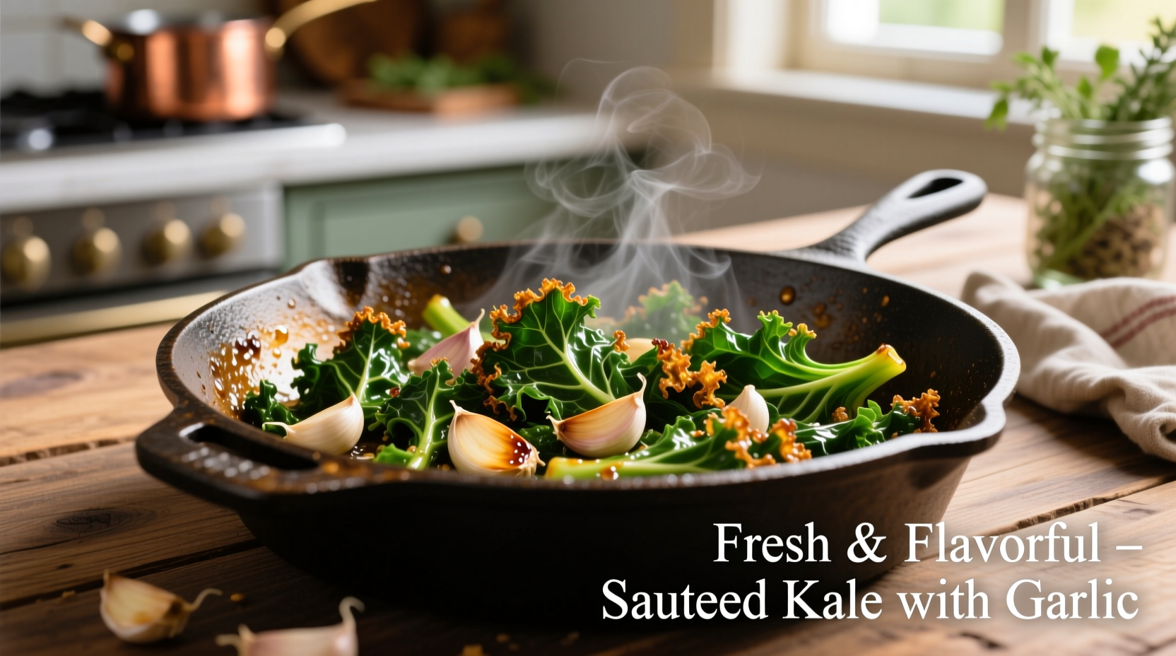 Freshly sautéed kale with garlic in cast iron skillet