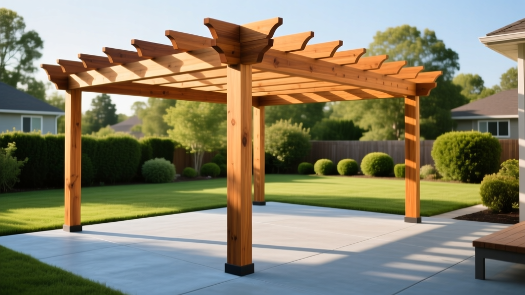 Cedar wood pergola with 6x6 posts and 2x10 rafters being assembled over a stamped concrete patio in a sunny suburban backyard