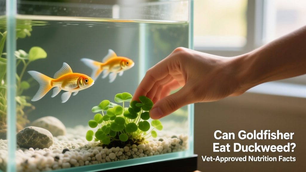 Hand placing a small clump of fresh duckweed into a well-maintained goldfish aquarium