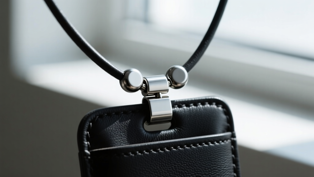 Close-up of a magnetic breakaway safety clasp on a vegan leather badge holder necklace, showing interlocking neodymium magnets