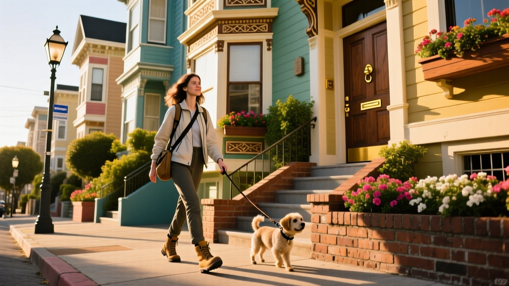 A solo female traveler walking up a steep, picturesque San Francisco street lined with Victorian houses