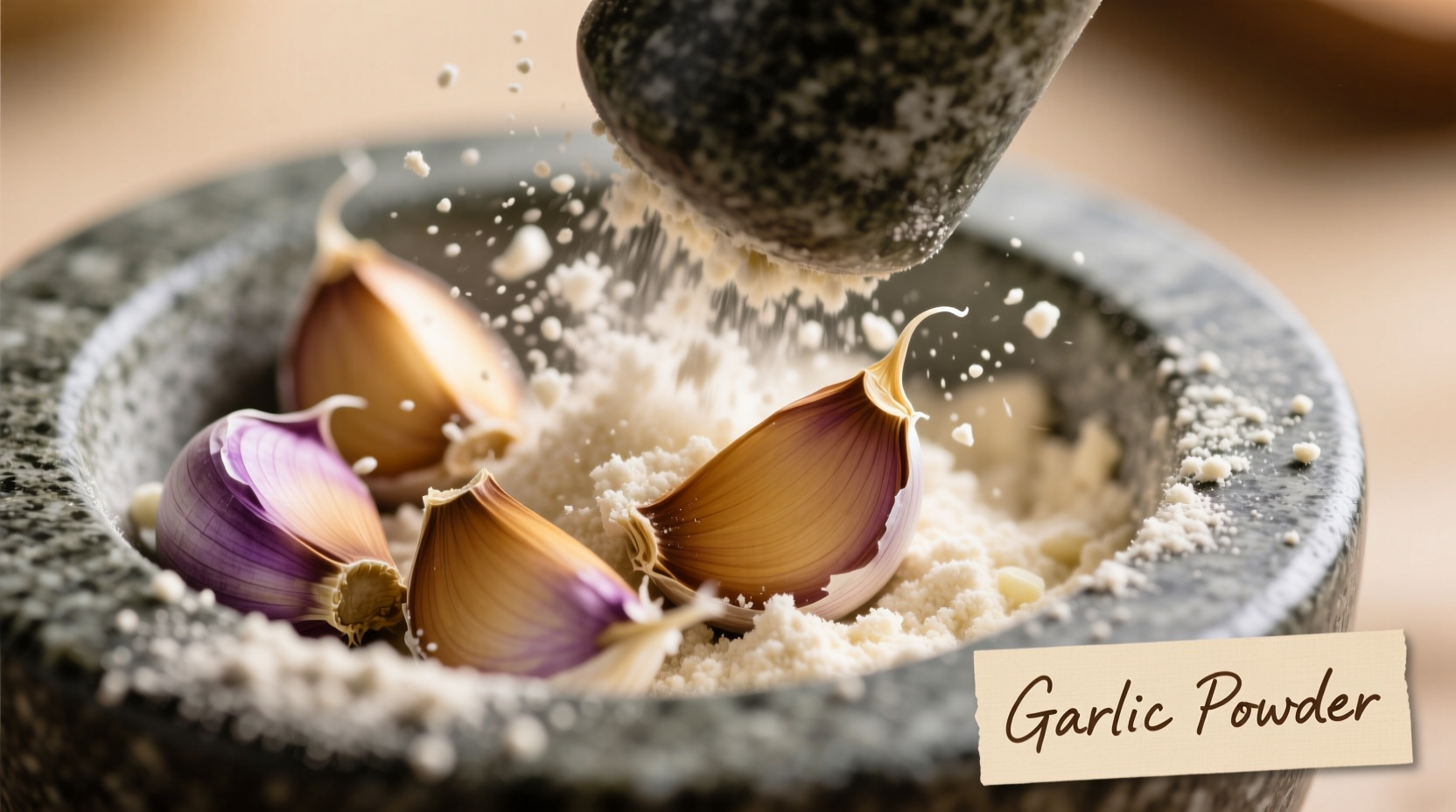 Fresh garlic cloves being transformed into fine powder