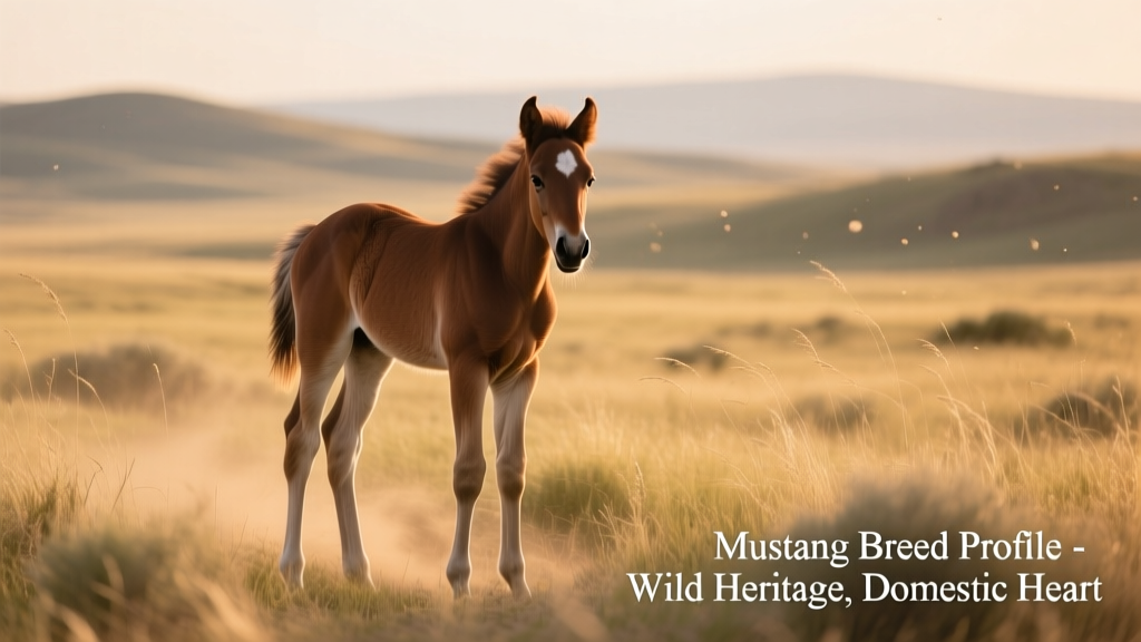 Bay mustang foal standing alert on windswept prairie grassland