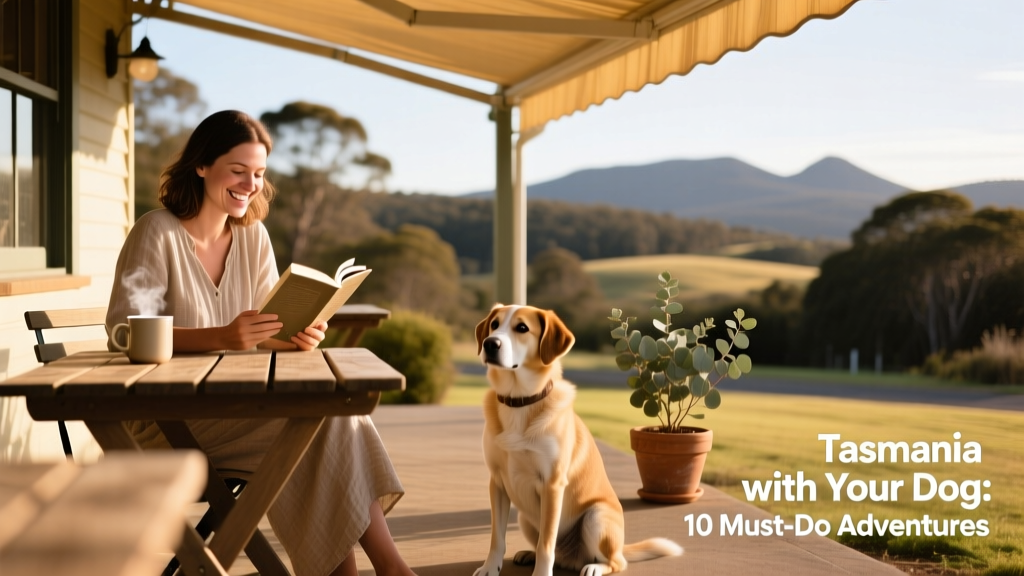 a smiling woman reading a book at an outdoor café table with her calm, attentive dog sitting beside her