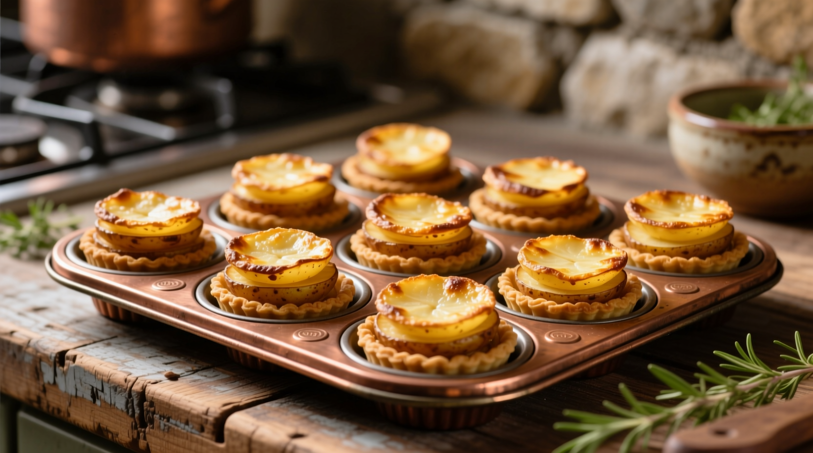 Golden brown potato stacks in muffin tin