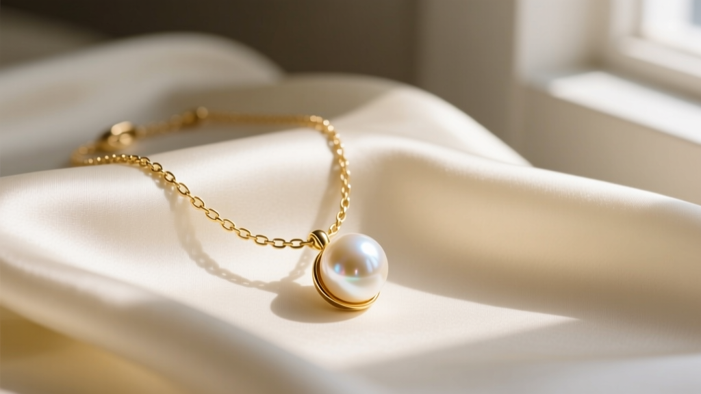 Vintage gold-tone Talbots necklace with a faux pearl pendant resting on cream silk, illuminated by soft natural window light
